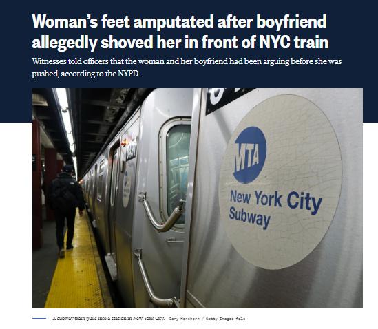 纽约地铁再发伤人事项 女子被男友推下站台遭列车撞击