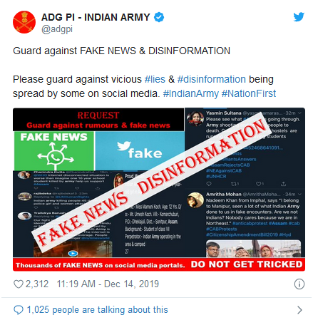 环球网@印警方向抗议者开枪？印军方：对网上恶意谎言和虚假信息