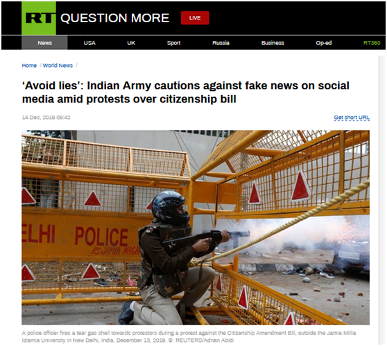 环球网@印警方向抗议者开枪？印军方：对网上恶意谎言和虚假信息