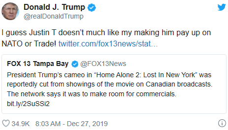 海外网@被加拿大电视台删客串镜头 特朗普这样讽刺特鲁多