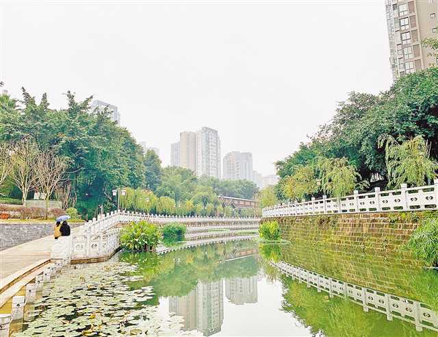 市民在永川区棠城公园红旗河畔散步.记者 栗园园 摄