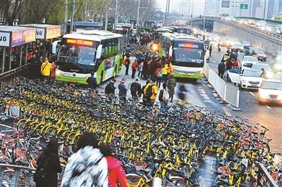 公交站被千辆共享单车围困 北京交通委:将设罚则