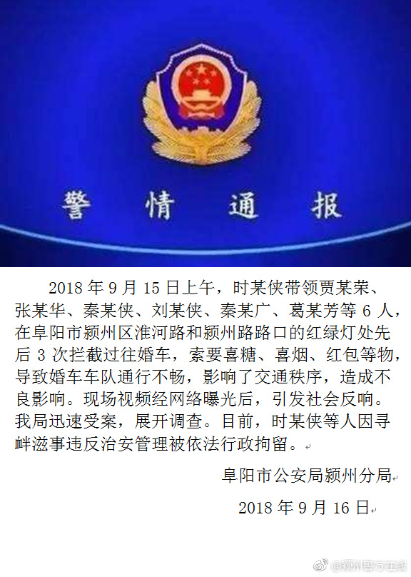 三次拦截婚车索要红包 阜阳7人被警方行政拘留