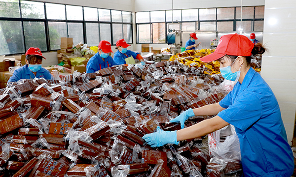 图片默认标题_fororder_工人对豆腐干进行分拣装袋