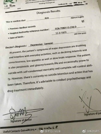 爆阿杜患重度忧郁症!"有自杀倾向"诊断书疑曝光