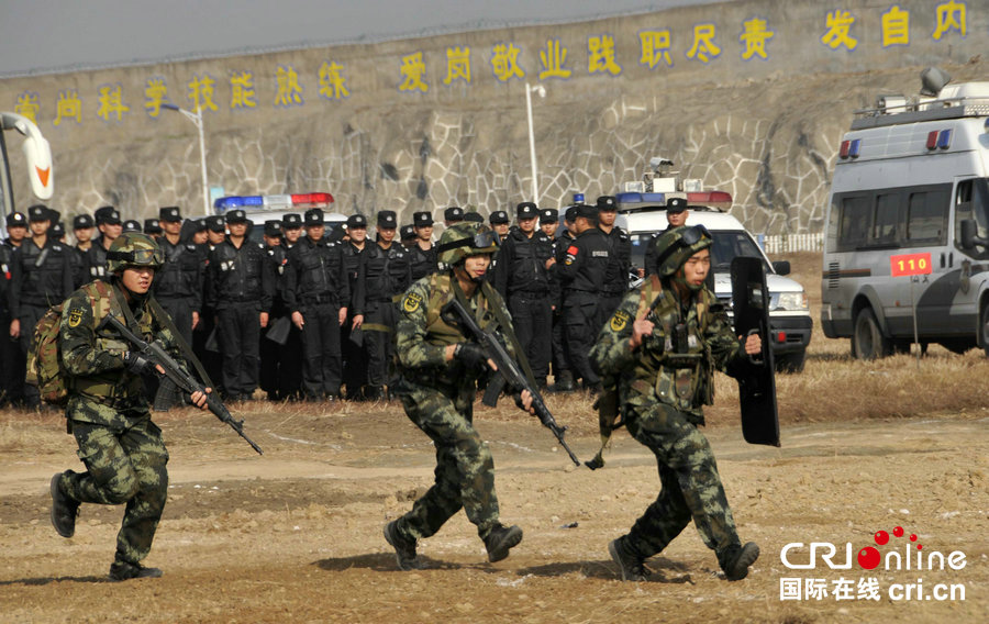   武警官兵身著迷彩服,在表演擒敵術,特種戰術,硬氣功.