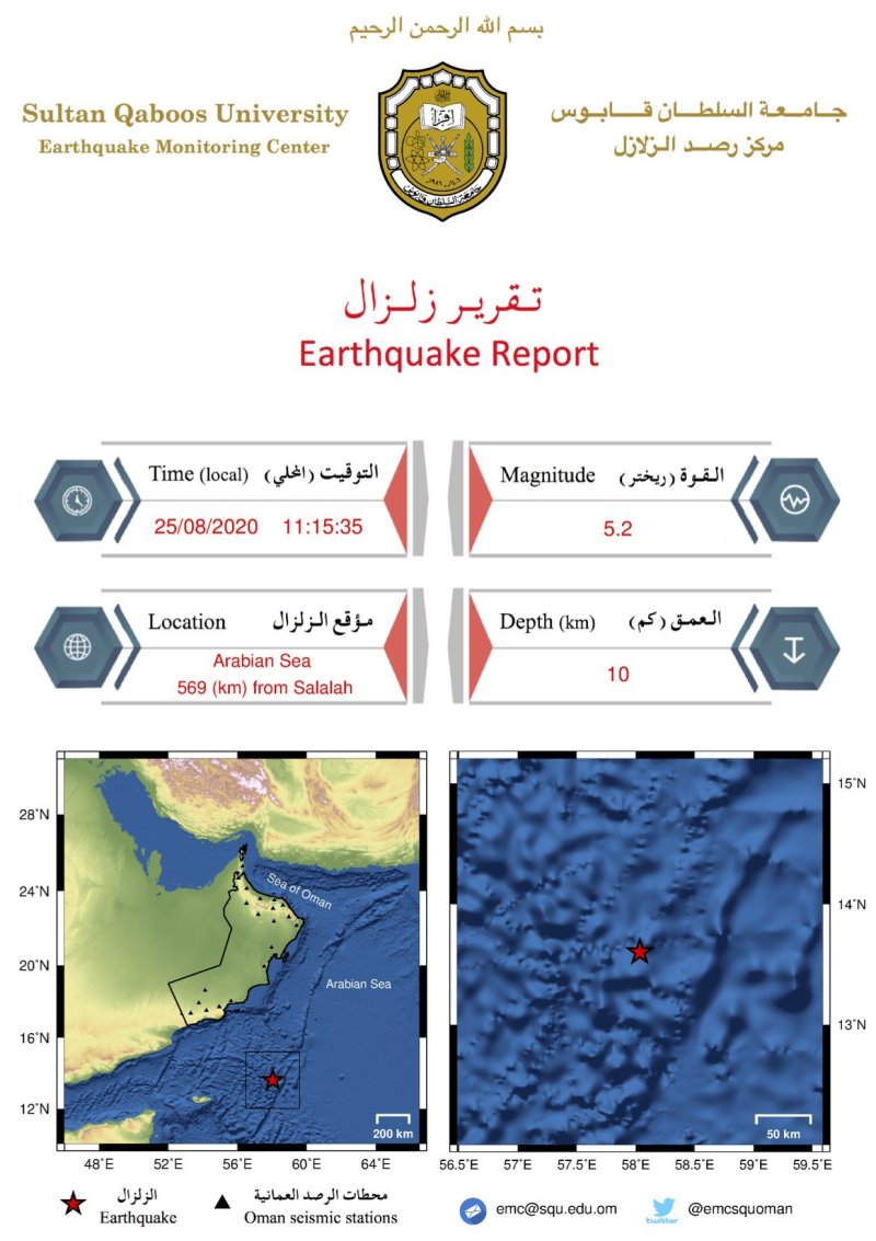 阿曼南部海域发生5.2级地震 震源深度10公里