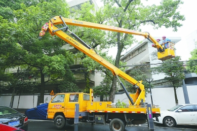 （平安江苏图文）南京鼓楼市政工作人员在台风季修剪树木