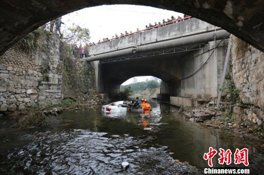 轿车坠入5米高路边水塘 车内两男子生还