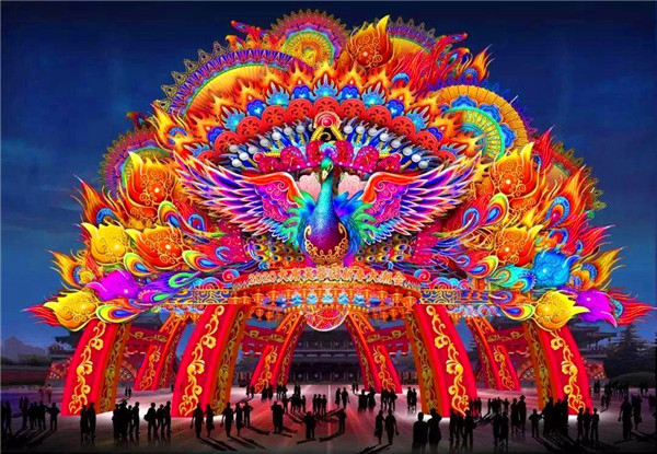 西安曲江新区大唐芙蓉园：以19米高“孔雀迎宾”灯组喜迎八方来客