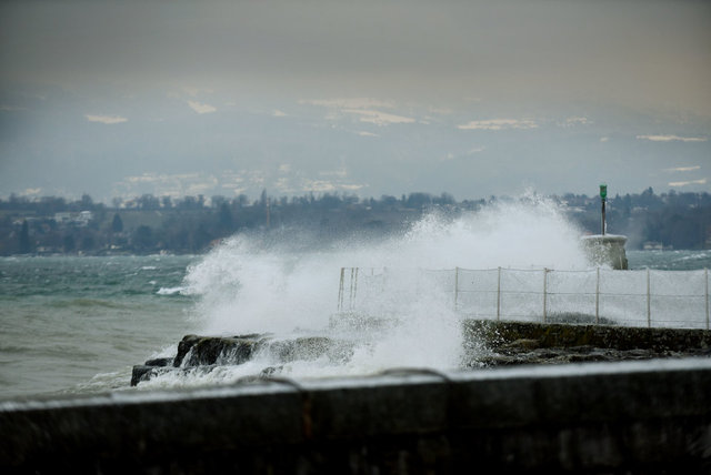 瑞士日内瓦遭"鬼天气" 岸边瞬间结冰