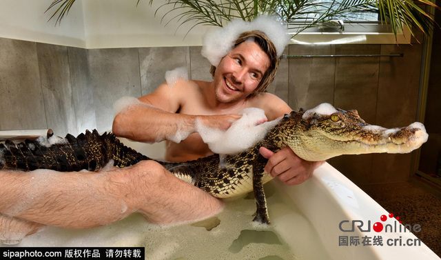 澳动物学家开私人动物园 与鳄鱼鹦鹉共浴