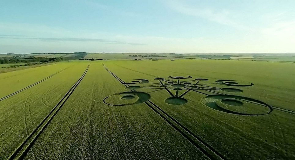 英国多塞特郡布兰德福特福鲁姆附近农田中惊现今年以来首个麦田怪圈,有关其代表含义以及创作者引发诸多猜测。(网页截图)