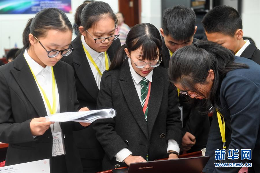 11月17日,在合肥市第八届中学生模拟联合国大会上,中学生代表在讨论.