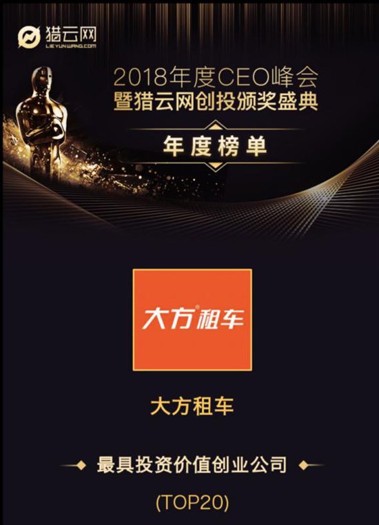 开创0押金共享租车，大方租车荣获猎云网“最具投资价值创业公司Top 20”