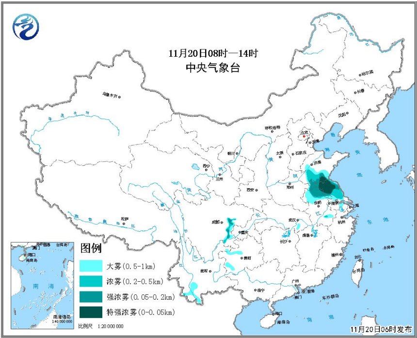 气象台发大雾黄色预警 山东江苏局地能见度不足50米