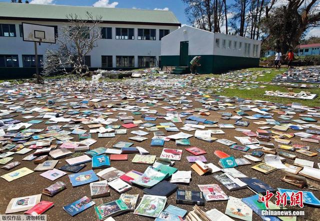 飓风过后 瓦努阿图一学校街头晾晒图书
