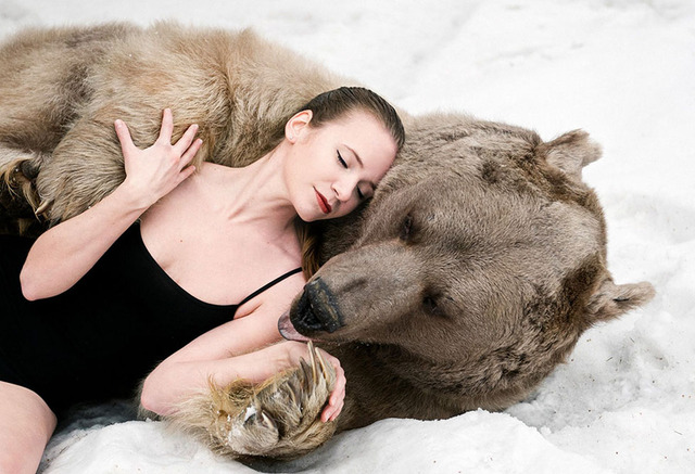 俄美女模特雪地里拥抱灰熊 反对猎杀动物