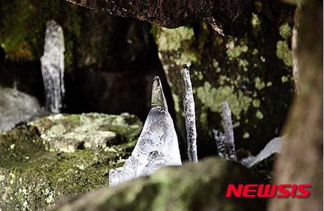 韩国一神奇山谷30度高温下结冰柱