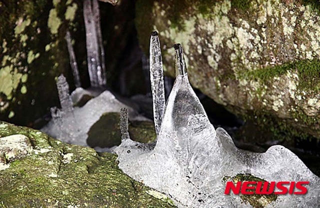 韩国一神奇山谷30度高温下结冰柱