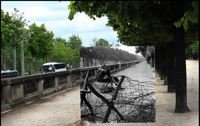二戰老照片融入現代場景 展現法國今昔對比