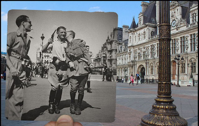 二戰老照片融入現代場景 展現法國今昔對比