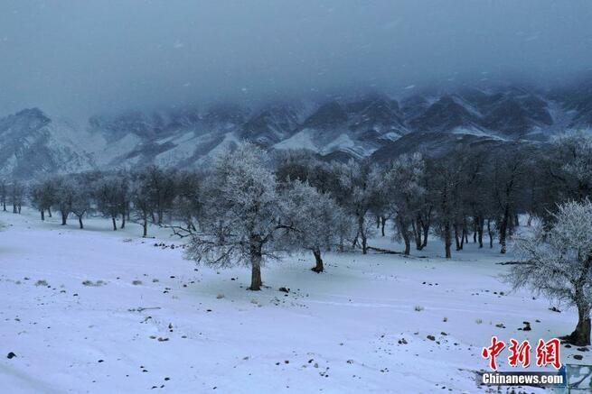 上空から眺めた新疆鄂托克賽爾河谷の冬景色