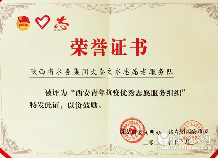 大秦之水志願者服務隊榮獲西安青年抗疫優秀志願者服務組織榮譽稱號