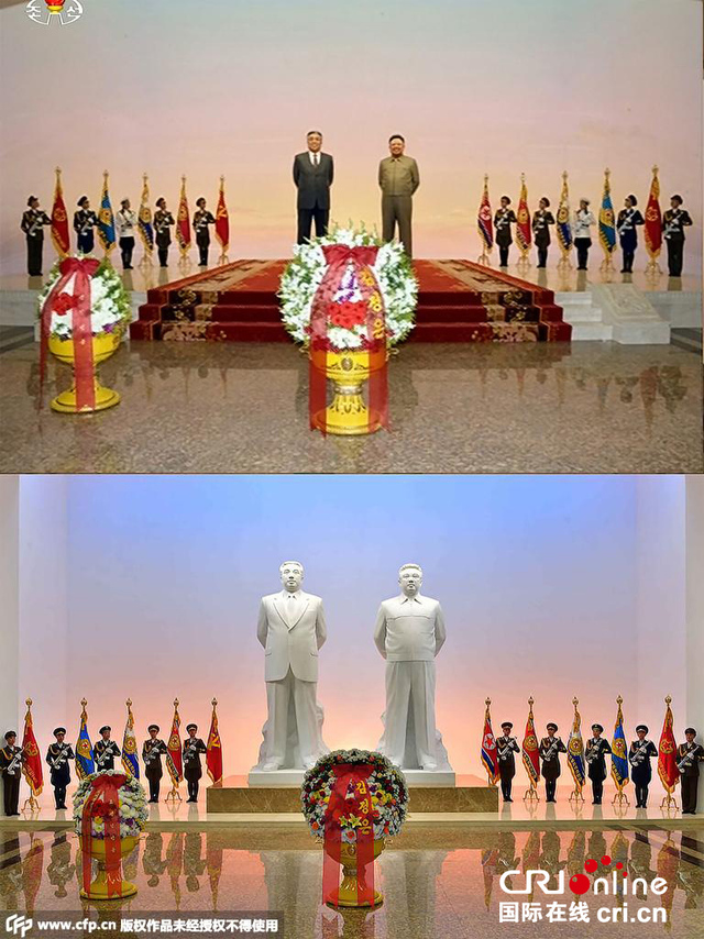 平壤锦绣山太阳宫更换朝鲜前两代领导人铜像