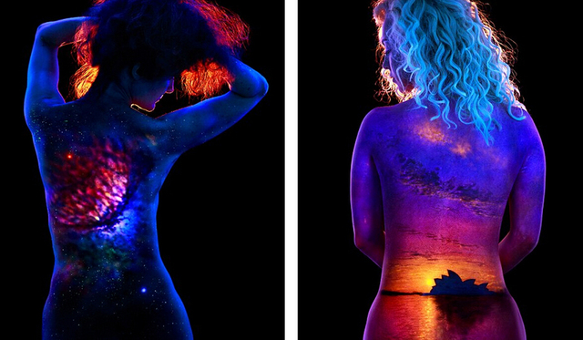 美國藝術家用熒光在裸體女模身上作畫