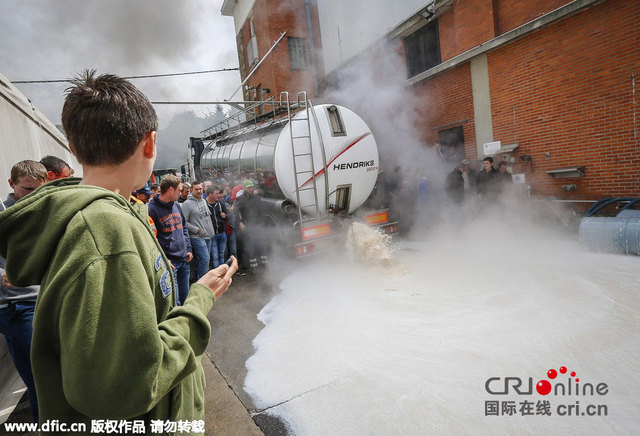 比利时农民倾倒牛奶 抗议奶制品价格下跌