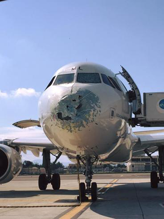意大利航班飞行中遇冰雹紧急迫降 机头严重损毁