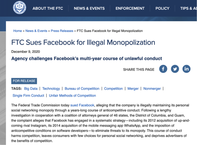 脸书遭美国双重反垄断诉讼 面临被拆分风险？