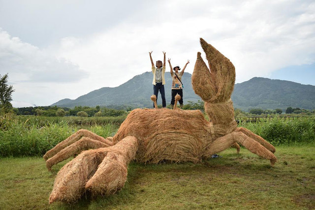 日本稻田丰收后巨型稻草恐龙“入侵”