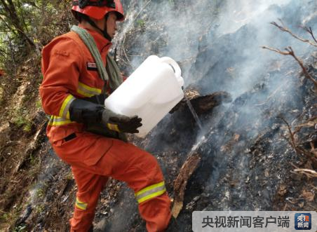 云南宁蒗森林火灾明火扑灭扑火人员转入火场清理