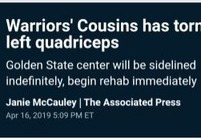 NBA考辛斯左股四头肌撕裂 可能缺席剩余季后赛