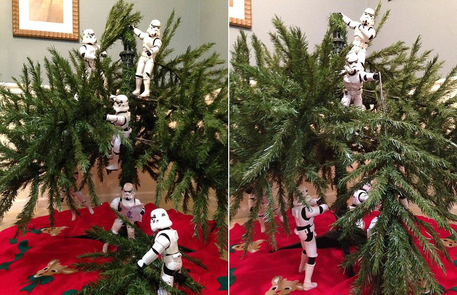 美父子摆拍趣味照片：“星战勇士”帮忙装饰圣诞树