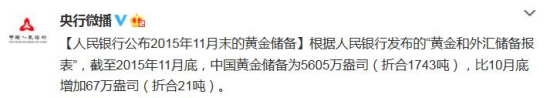 央行：截至11月底中国黄金储备为5605万盎司