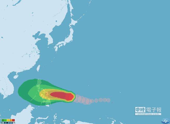 哈格比臺(tái)風(fēng)七級(jí)風(fēng)暴風(fēng)圈侵襲機(jī)率圖。(取自臺(tái)灣“氣象局”)