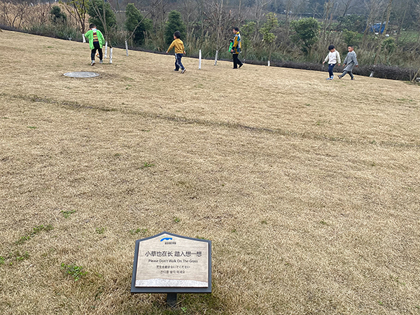 绿地青青莫踩踏 向不文明行为说“不”_fororder_孩子们把草坪当作了足球场，与提示牌形成鲜明对比（摄影-杨梦婧）