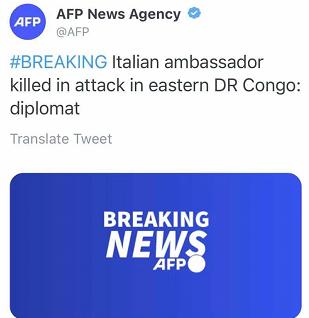 意大利驻刚果民主共和国大使遇袭身亡