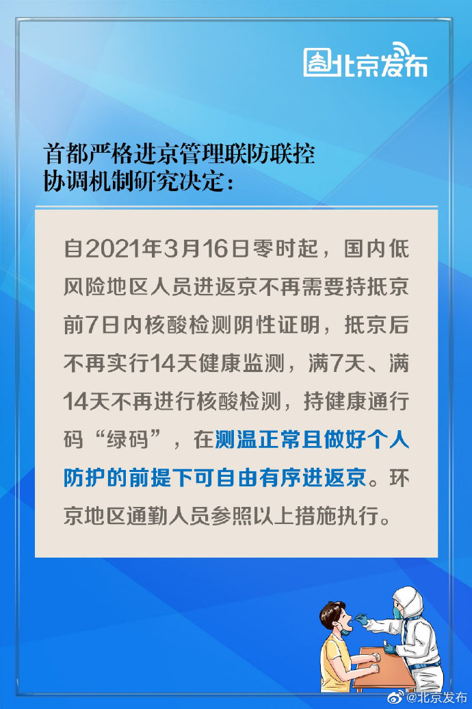 3月16日起国内低风险地区人员进返京不需持7日内核酸检测阴性证明