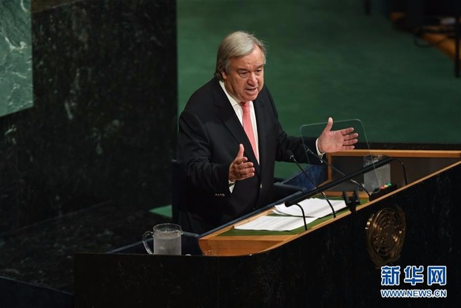 9月19日,在纽约联合国总部,联合国秘书长古特雷斯在联大一般性辩论上发言。 新华社记者 李睿 摄