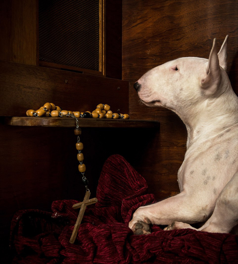 比利时一个废弃修道院中,克莱尔正在木质念珠旁边摆造型.(网页截图)