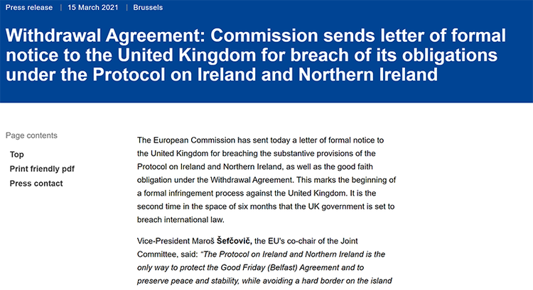 英欧贸易协定：欧盟正式就北爱尔兰问题对英国采取法律行动