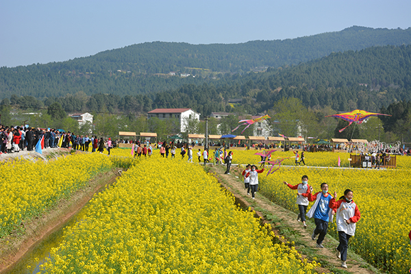 广元剑阁县首届百里油菜花海赏花季活动启动_fororder_孩子们奔跑在