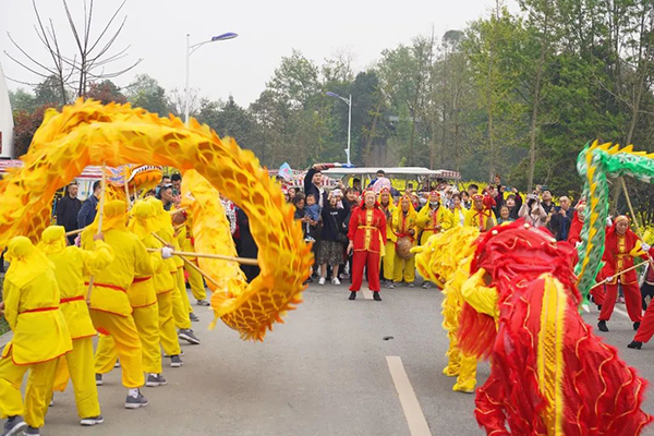 千亩花海地道美食 成都郫都区三道堰街道青杠树村油菜花节启幕_fororder_游客开心地观看舞龙舞狮表演-供图-郫都区委宣传部
