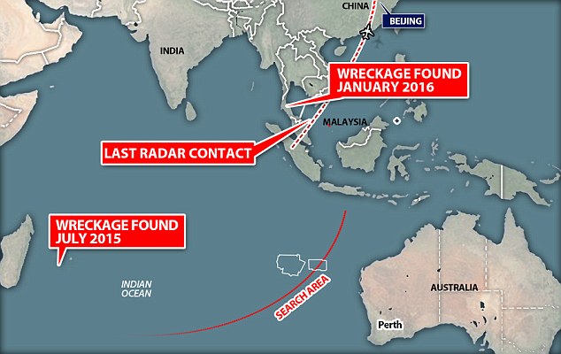 一張地圖展示航班mh370飛行線路和飛機最後一次與地面聯繫地點.