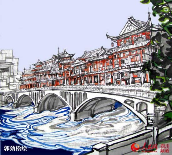 画家手绘四川21城彩墨画 邀请游子回家过年