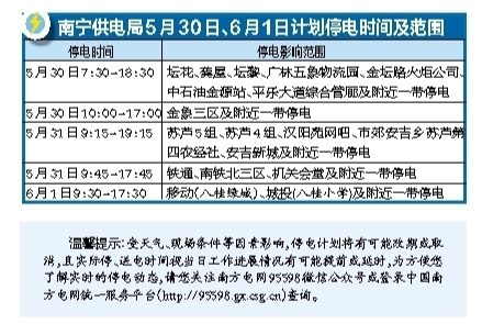 南宁供电局5月30日、6月1日计划停电时间及范围